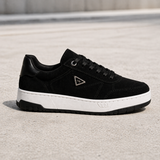 Via Marte Tênis Flatform Preto Camurça e Branco Crystal — Estilo Premium para o Dia a Dia